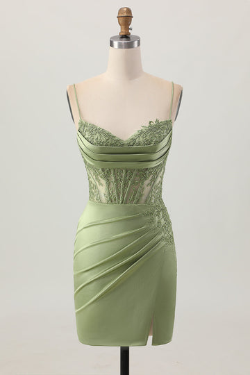 Sage Green Corset Tight Short Satin Cocktail Dress with Slit